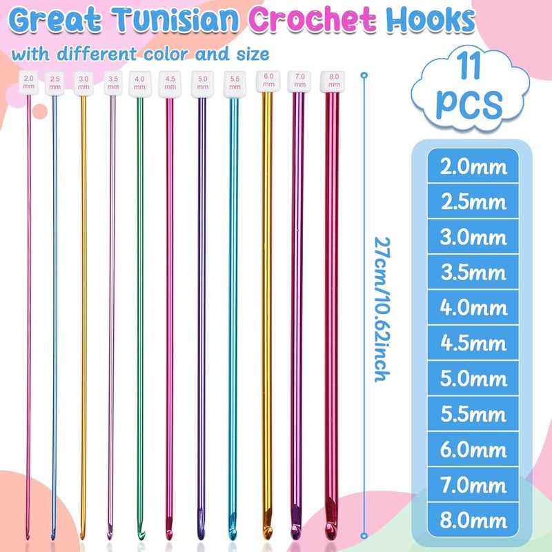Aeelike Tunisian Crochet Hooks Set with Cable, 11PCS Aluminum Tunisian Crochet Hook 2-8 mm Colorful & 12 PCS Wood Afghan Crochet Hooks 3.5-12 mm, Smooth-Long for Beginners - Image 3